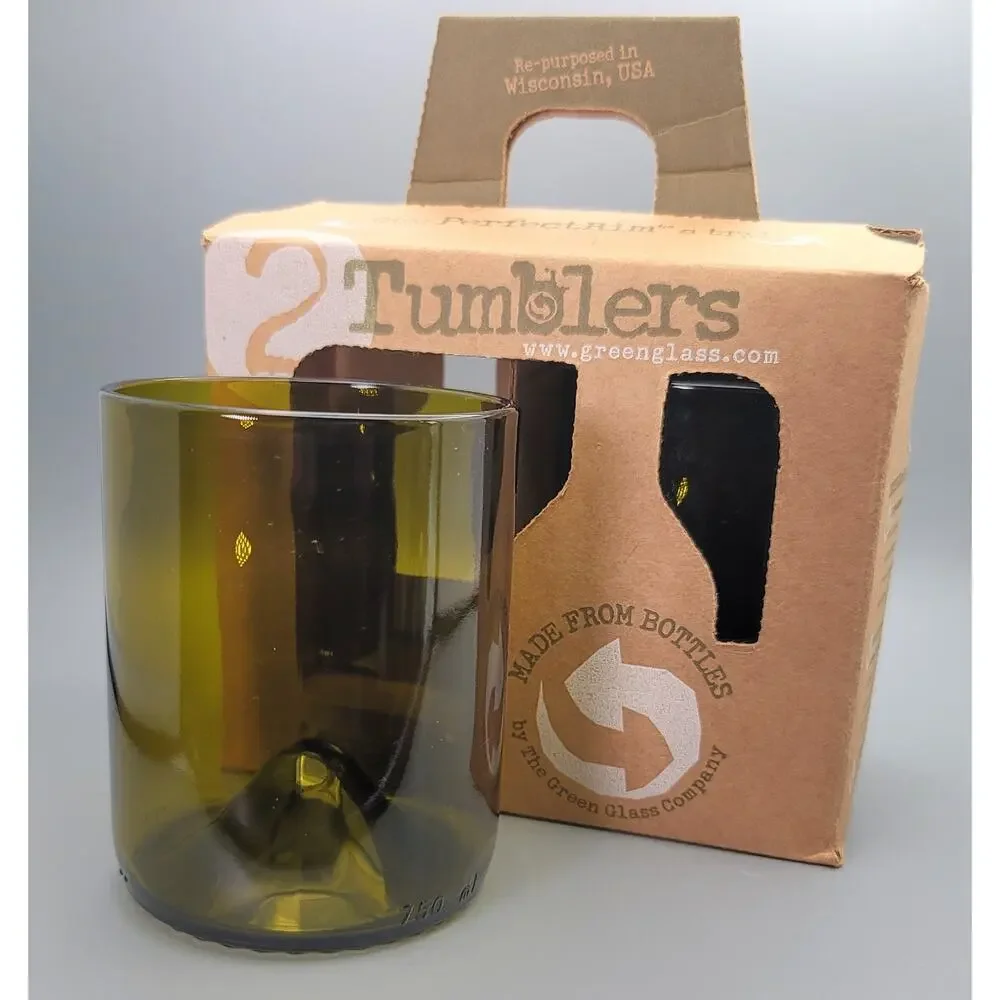 New in Box Set of 2 Green Glass Co Recycled Wine Bottle Tumblers in Olive Green